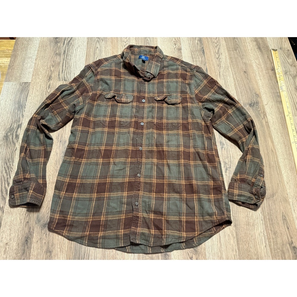 George Shirt Mens Size Large Brown Green Plaid Long Sleeve Button Up Shirt